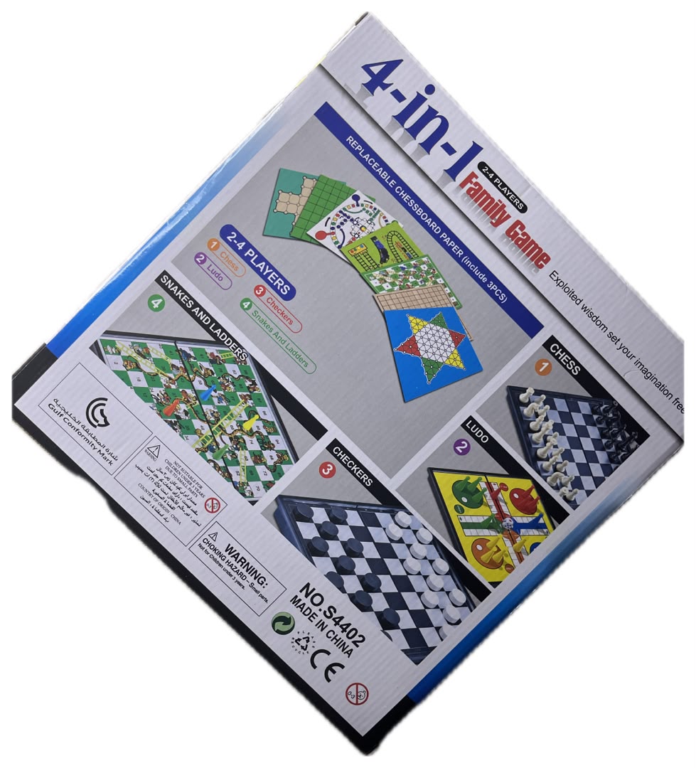 4 in 1 Family Game: Chess, Ludo, Checkers and Snakes & Ladders