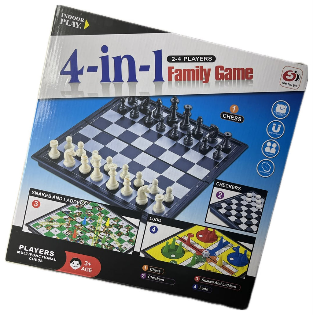 4 in 1 Family Game: Chess, Ludo, Checkers and Snakes & Ladders