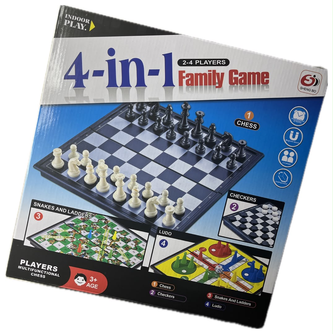4 in 1 Family Game: Chess, Ludo, Checkers and Snakes & Ladders